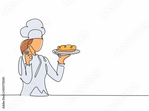 Single one line drawing young happy beauty female chef give tasting good gesture while serving main dish at restaurant. Delicious food taste trendy one line hand drawn vector illustration minimalism