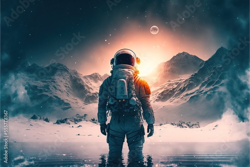 Astronaut on a cold planet in space  snowy mountain landscape. Fantasy space landscape with an astronaut  neon. AI
