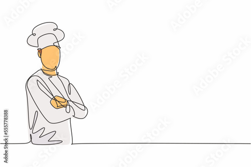 Continuous one line drawing young male chef pose cross his arms on chest before cooking at kitchen. Professional job profession minimalist concept. Single line draw design vector graphic illustration