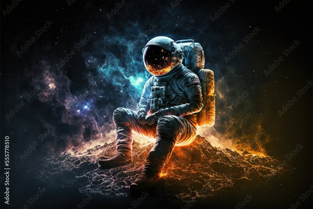 Astronaut on a cold planet in space, snowy mountain landscape. Fantasy space landscape with an astronaut, neon. AI