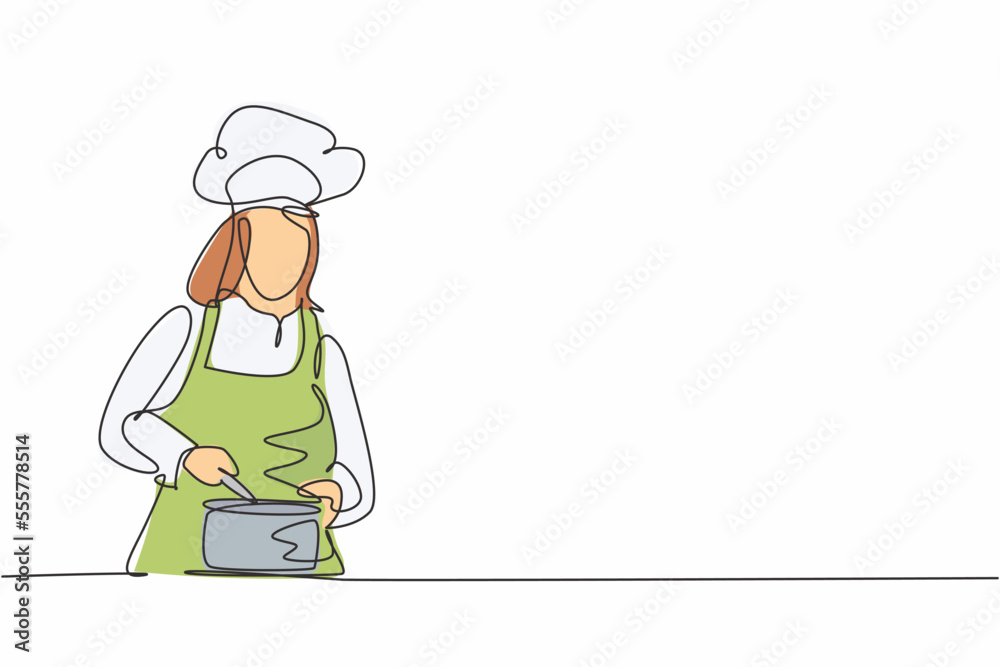 Single one line drawing of young beauty female chef stirring soup on pan to mix seasoning. Healthy organic vegan food modern template one line hand drawn vector illustration minimalism style Single one line drawing of young beauty female chef stirring soup on pan to mix seasoning. Healthy organic vegan food modern template one line hand drawn vector illustration minimalism style