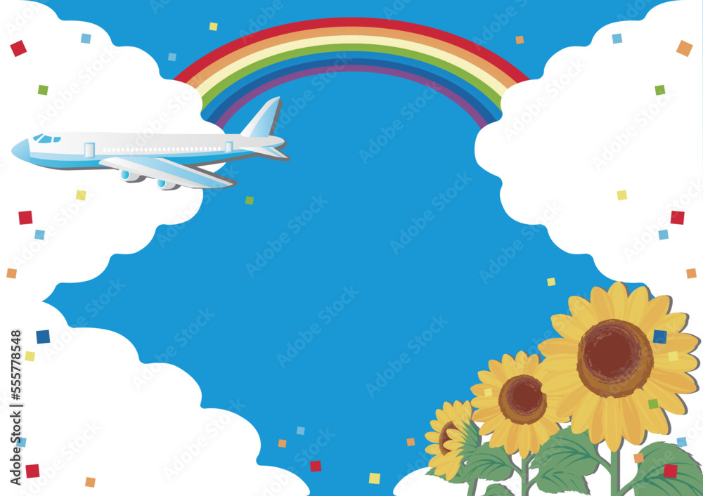飛行機と青空とひまわりのフレーム　コピースペース　背景　イラスト素材