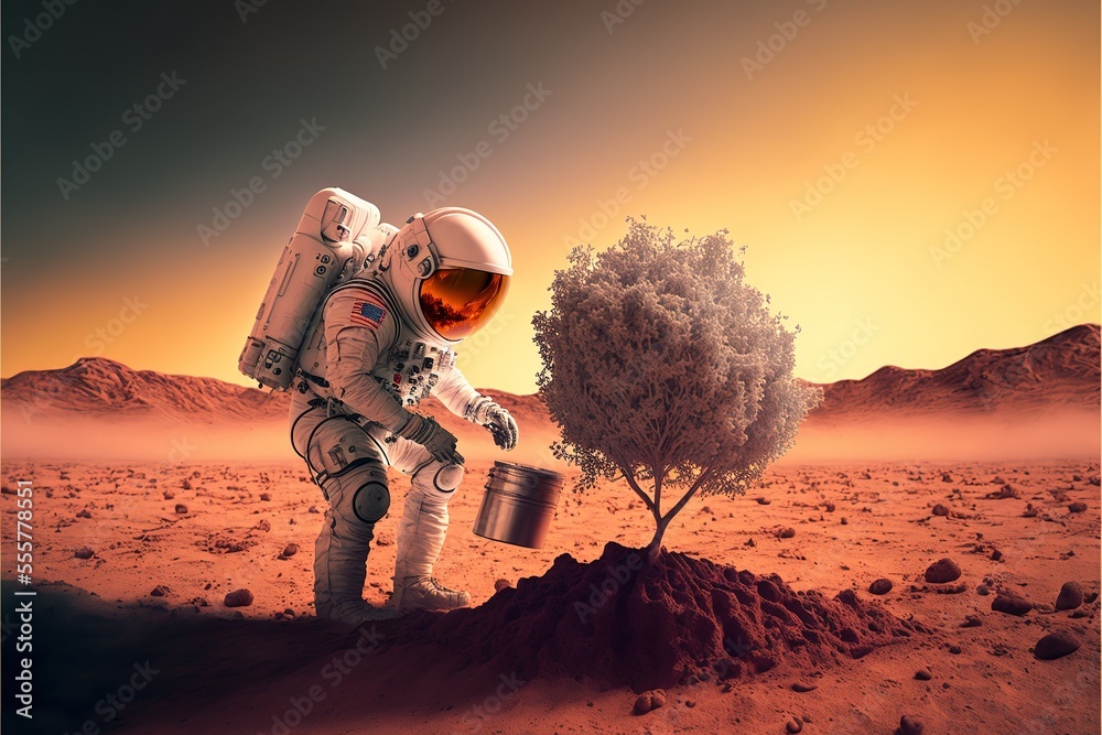 Cosmonaft gardener. An astronaut on a red uninhabited planet is planting a tree. Human exploration of uninhabited planets. Life on Mars. AI