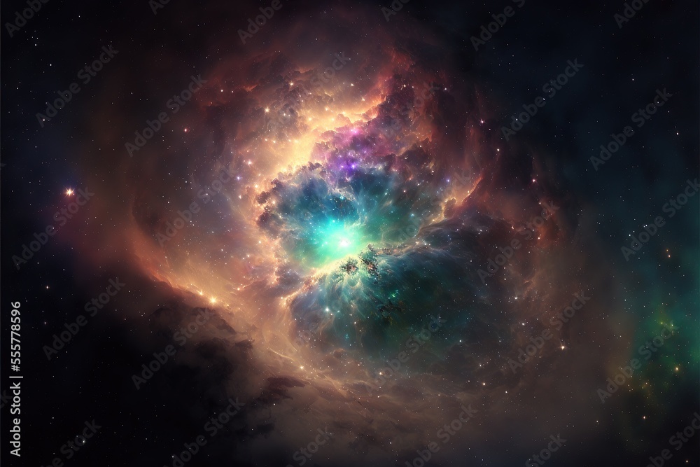 Space nebula, colorful space phenomenon with stars, bursts of energy, neon. AI