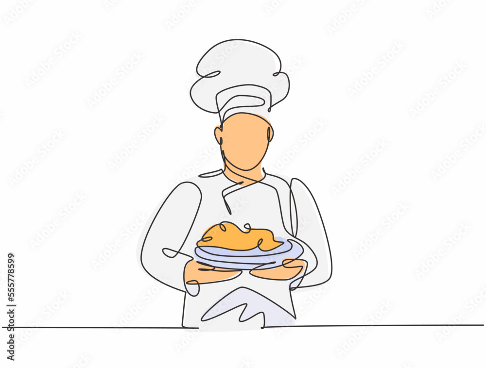 Continuous one line drawing of young handsome man chef in uniform serving main dish to customer at hotel restaurant. Healthy organic food concept single line draw graphic design vector illustration Continuous one line drawing of young handsome man chef in uniform serving main dish to customer at hotel restaurant. Healthy organic food concept single line draw graphic design vector illustration