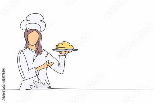 Single one line drawing young happy beauty female chef give tasting good gesture while serving main dish at restaurant. Delicious food taste trendy one line hand drawn vector illustration minimalism