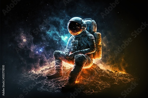 Astronaut on a cold planet in space, snowy mountain landscape. Fantasy space landscape with an astronaut, neon. AI © Terablete