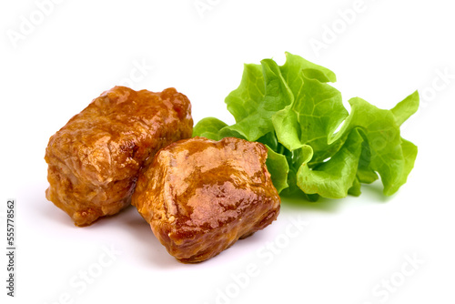 Stew Meat with herbs isolated on white background.
