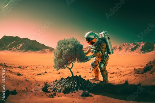 Cosmonaft gardener. An astronaut on a red uninhabited planet is planting a tree. Human exploration of uninhabited planets. Life on Mars. AI © Terablete