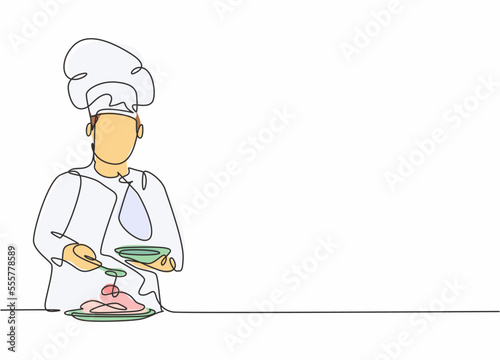 Single continuous line drawing of young happy male chef pouring sauce on main dish to serve to customer. Preparing healthy food concept one line drawing design vector minimalism illustration