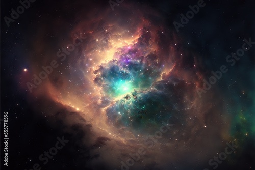 Space nebula, colorful space phenomenon with stars, bursts of energy, neon. AI © Terablete