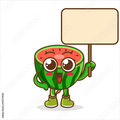 Cute cartoon sliced watermelon holding blank board