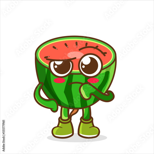 Cute Happy Watermelon Confused Cartoon Vector Illustration. Fruit Mascot Character Concept Isolated Premium Vector