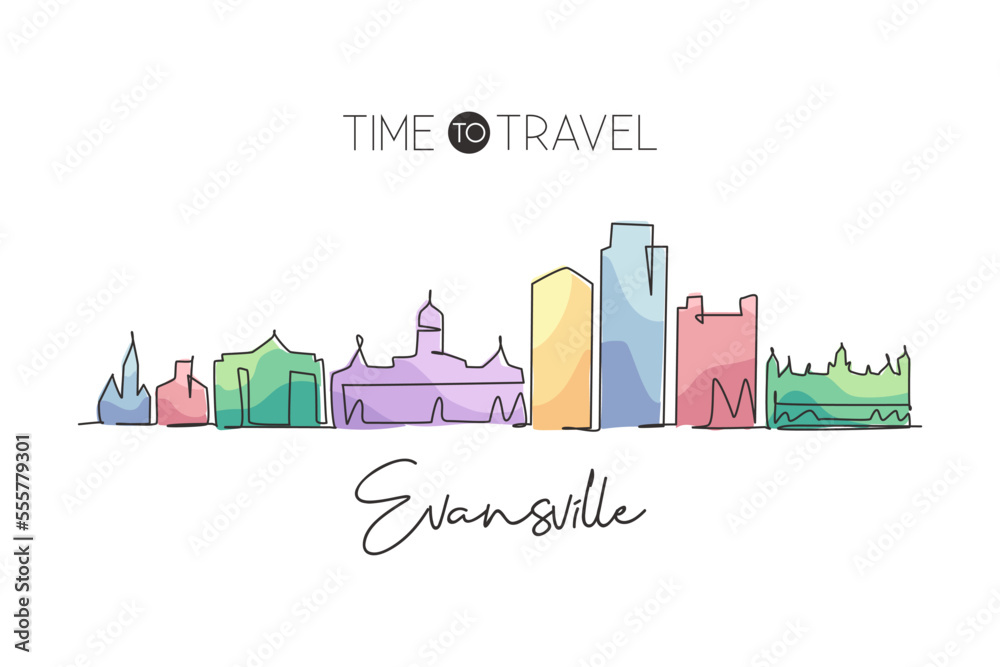 One continuous line drawing of Evansville city skyline, Indiana. Beautiful landmark. World landscape tourism travel home wall decor poster print. Stylish single line draw design vector illustration One continuous line drawing of Evansville city skyline, Indiana. Beautiful landmark. World landscape tourism travel home wall decor poster print. Stylish single line draw design vector illustration