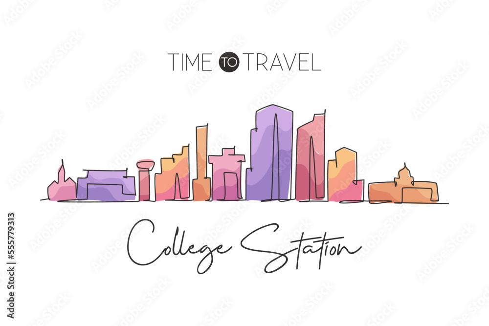 Single continuous line drawing of College Station skyline, Texas. Famous city scraper landscape. World travel home wall decor art poster print concept. Modern one line draw design vector illustration
