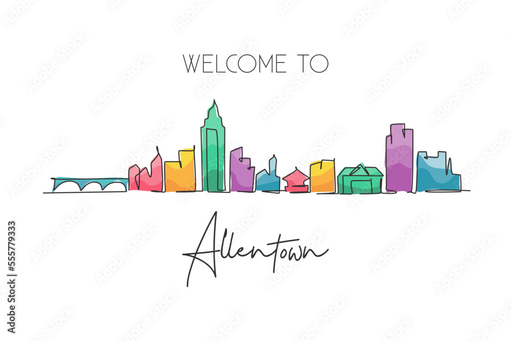 One single line drawing Allentown city skyline, Pennsylvania. World historical town landscape postcard. Best holiday destination. Editable stroke trendy continuous line draw design vector illustration