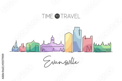 One continuous line drawing of Evansville city skyline, Indiana. Beautiful landmark. World landscape tourism travel home wall decor poster print. Stylish single line draw design vector illustration