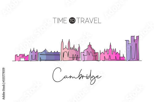 One continuous line drawing of Cambridge city skyline, England. Beautiful landmark. World landscape tourism travel home wall decor poster print. Stylish single line draw design vector illustration photo