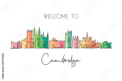 Single continuous line drawing of Cambridge city skyline, England. Famous city scraper landscape. World travel home wall decor art poster print concept. Modern one line draw design vector illustration