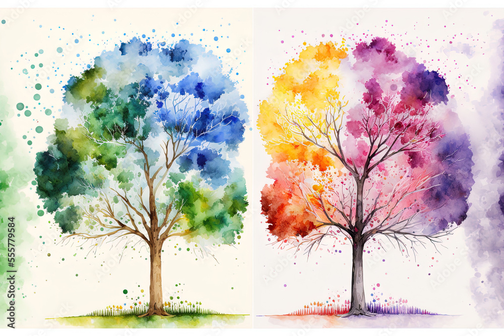 beautiful four season tree hand painted. watercolor painting done on