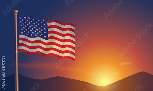 American flag sunset background Vector Illustration