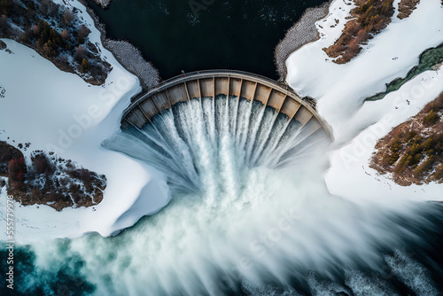 Aerial top down view of the spillway of the Jindabyne Lake Power Hydro Dam on the Snowy River in Australia's Snowy Mountains. Generative AI photo