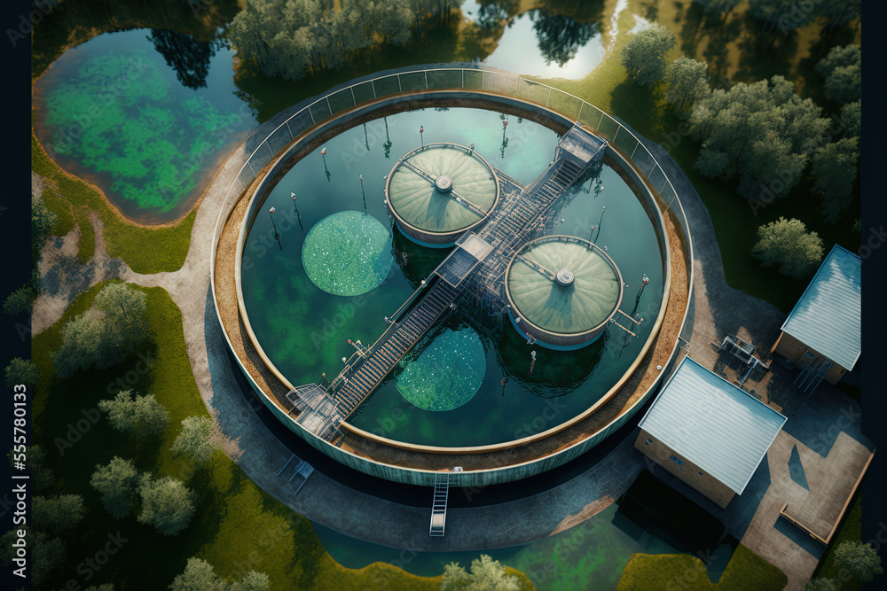 airborne top view Water treatment facility, background information on ...