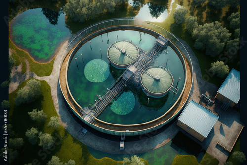 airborne top view Water treatment facility, background information on ecosystems and a healthy environment, and aerial top view of a sedimentation tank with solid contact clarifiers. Generative AI
