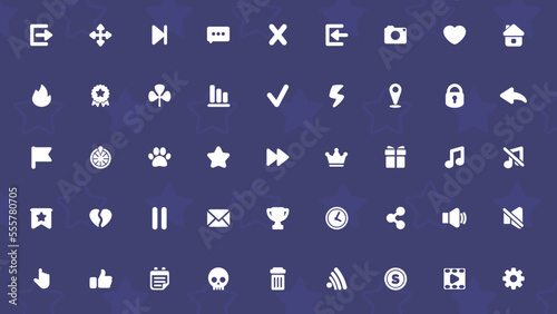 Mobile games icons set on dark violet background. GUI elements for mobile app, vector illustration. Premium quality symbols. Simple pictograms for website