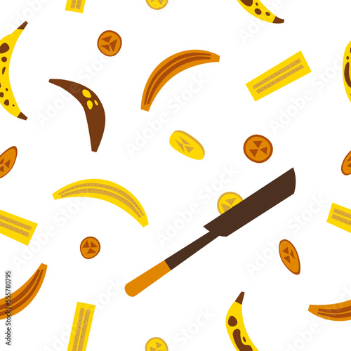 Fried bananas traditional mexican dessert seamless pattern. Platanos fritos Latin American sweets background. Slices of plantain on the frying pan. Vector flat illustration.