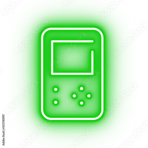 Neon green gameboy, glowing retro game icon on transparent background