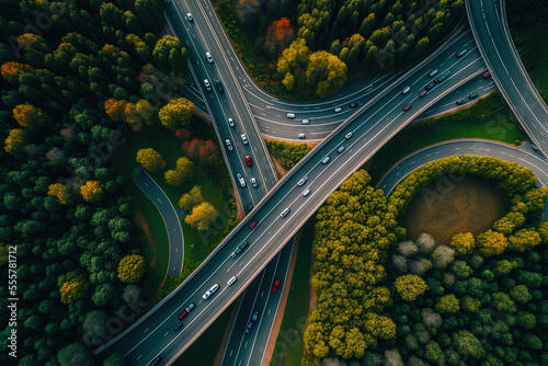 aerial picture of highways in a natural environment. Generative AI