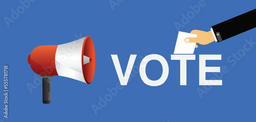 hand putting voting paper in the ballot box ,speaker megaphone,  election , voting ballot in a slot of box