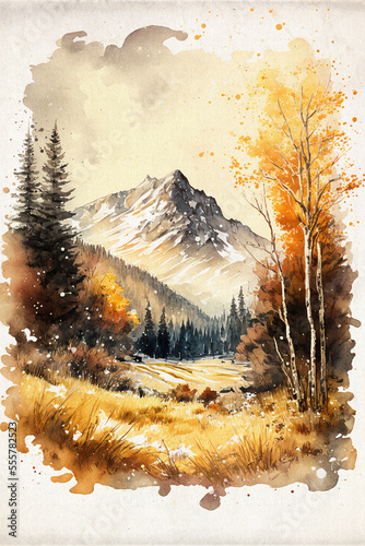 Watercolor Painting on Vintage Paper of Autumn Trees and Field In Alpine Rocky Mountains, Vitercial Giftcard Poster