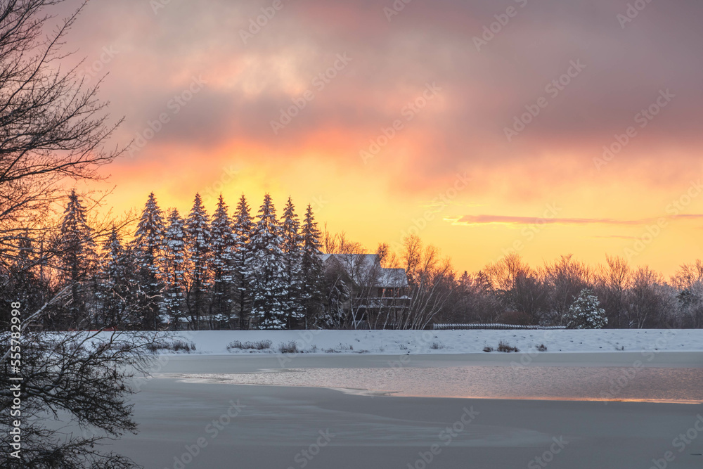 Stunning winter sunrise with pine trees covered in snow in silhouette 