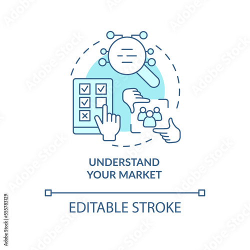 Understand your market blue concept icon. Get started with segmentation abstract idea thin line illustration. Isolated outline drawing. Editable stroke. Arial, Myriad Pro-Bold fonts used