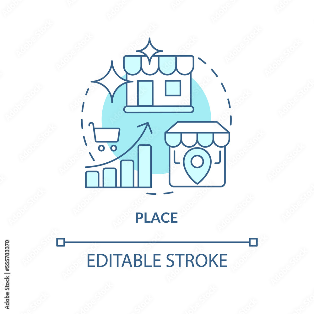 Place blue concept icon. Sales optimization. Store location. Four P marketing mix abstract idea thin line illustration. Isolated outline drawing. Editable stroke. Arial, Myriad Pro-Bold fonts used Place blue concept icon. Sales optimization. Store location. Four P marketing mix abstract idea thin line illustration. Isolated outline drawing. Editable stroke. Arial, Myriad Pro-Bold fonts used
