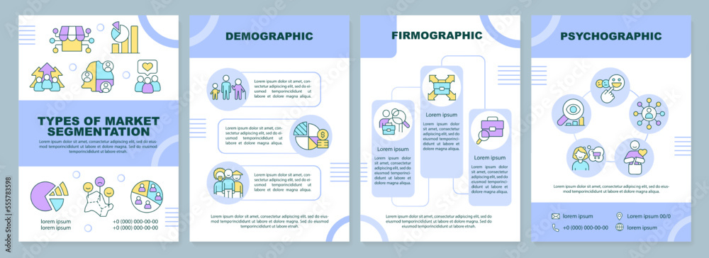Types of market segmentation brochure template. Leaflet design with linear icons. Editable 4 vector layouts for presentation, annual reports. Arial-Black, Myriad Pro-Regular fonts used