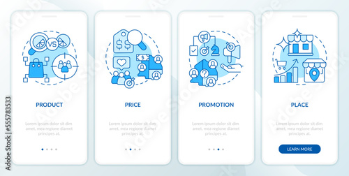 Four P marketing mix blue onboarding mobile app screen. Walkthrough 4 steps editable graphic instructions with linear concepts. UI, UX, GUI template. Myriad Pro-Bold, Regular fonts used