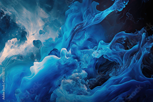 Abstract backdrop with blue acrylic paint and flowing painting ocean of space smoke underneath the surface. Generative AI