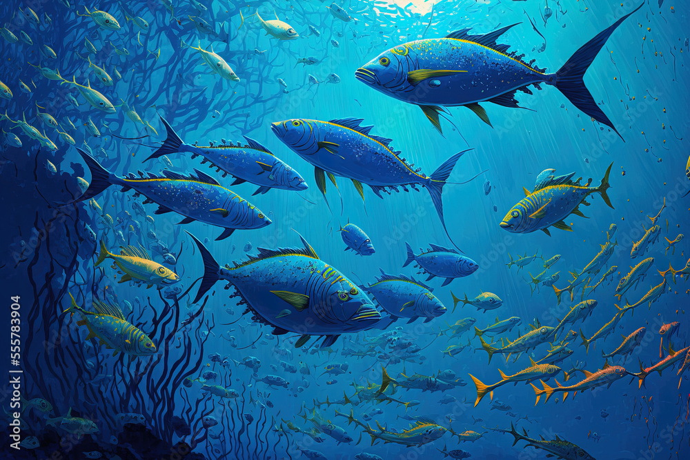 Abstract fish living, a vast school of fish against a blue backdrop, and scad jamb underwater marine habitat. Generative AI