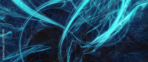 Abstract blue neon wave on dark background. Modern futuristic dynamic banner. Fractal artwork for creative graphic design