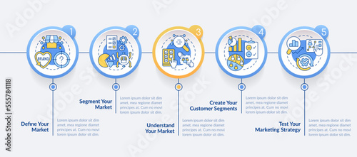 Get started with segmentation circle infographic template. Data visualization with 5 steps. Editable timeline info chart. Workflow layout with line icons. Lato-Bold, Regular fonts used