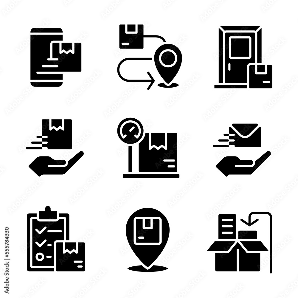Orders management black glyph icons set on white space. Delivery service. Parcels shipping. Logistics. Order online. Silhouette symbols. Solid pictogram pack. Vector isolated illustration Orders management black glyph icons set on white space. Delivery service. Parcels shipping. Logistics. Order online. Silhouette symbols. Solid pictogram pack. Vector isolated illustration