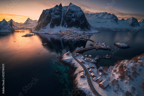 Платно Aerial image of a winter sunset showing a blue sea, snow capped mountains, rocks, a settlement, houses, a rorbu, a road, and a bridge