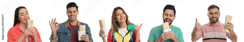 Collage with photos of happy people with tasty shawarmas on white background. Banner design Collage with photos of happy people with tasty shawarmas on white background. Banner design