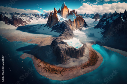 aerial image of Fitz Roy Mountain. In Southern Patagonia, close to the settlement of El Chalten and Chile's and Argentina's borders, there lies a peak called Fitz Roy. Generative AI photo