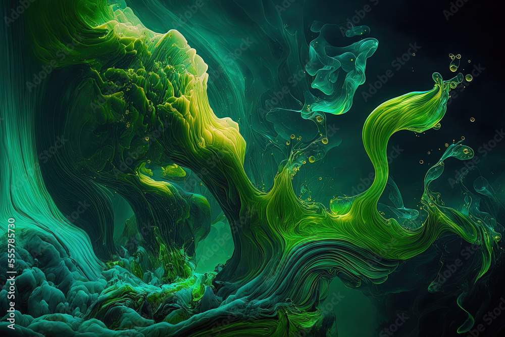 Obraz premium Abstract green dancing acrylic paints underwater cosmic fog ocean backdrop with fluid art. Generative AI
