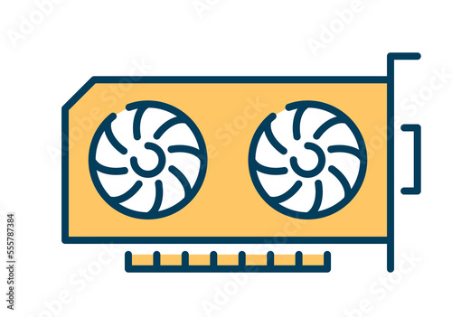 Blockchain technology icon. Yellow video card and part of computer. Modern technologies, gadgets and devices. Poster or banner for website. UI and UX design. Cartoon flat vector illustration