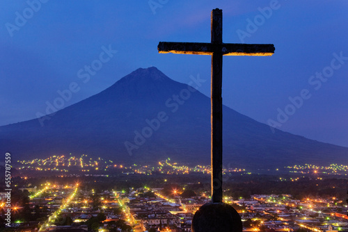 Cross and Volcan de Agua View From Cerro de la Cruz, Antigua, Sacatepequez Department, Guatemala photo